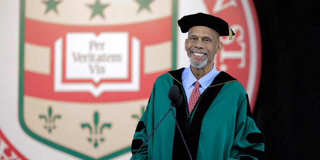 Kareem Abdul-Jabbar delivers the 2021 Commencement address on Francis Olympic Field